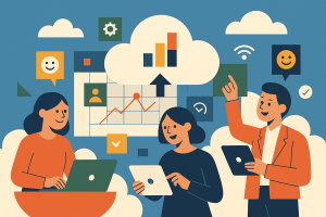 Illustration of knowledge workers using intelligent platforms in a cloud infrastructure imagery setting, with a happy mood.