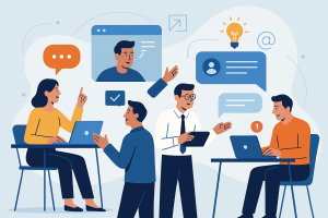 Illustration of teams using collaboration tools in a minimalist tech backdrops setting, with a creative mood.