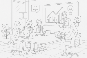 Illustration of executives analyzing business data in a modern conference rooms setting, with a focused mood.