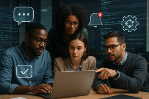 Illustration of diverse tech professionals collaborating in a code and algorithm patterns setting, with a focused mood.