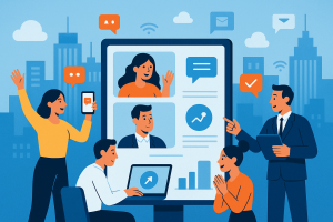 Illustration of teams using collaboration tools in a high-tech urban landscapes setting, with a inspired mood.