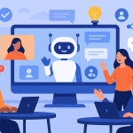 Illustration of teams using collaboration tools in a futuristic office environments setting, with a happy mood.