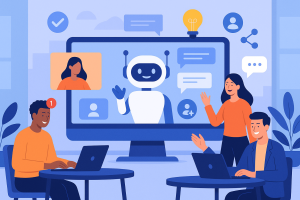 Illustration of teams using collaboration tools in a futuristic office environments setting, with a happy mood.