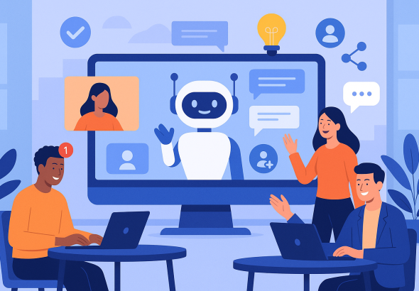 Illustration of teams using collaboration tools in a futuristic office environments setting, with a happy mood.