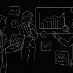 Illustration of executives analyzing business data in a networked digital grids setting, with a creative mood.