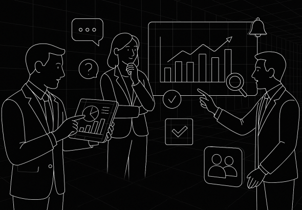 Illustration of executives analyzing business data in a networked digital grids setting, with a creative mood.