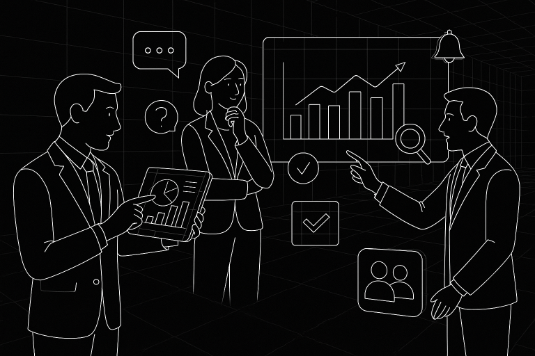 Illustration of executives analyzing business data in a networked digital grids setting, with a creative mood.