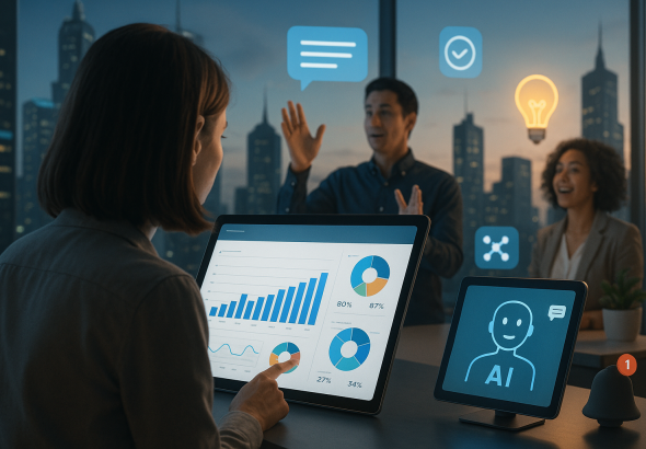 Illustration of smart displays showing analytics in a high-tech urban landscapes setting, with a creative mood.