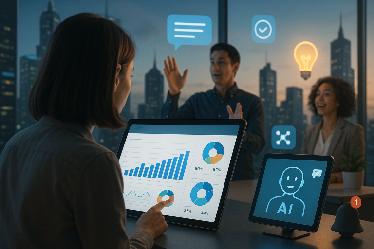 Illustration of smart displays showing analytics in a high-tech urban landscapes setting, with a creative mood.