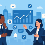 Illustration of executives analyzing business data in a high-tech urban landscapes setting, with a relaxed mood.