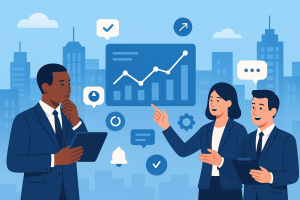 Illustration of executives analyzing business data in a high-tech urban landscapes setting, with a relaxed mood.