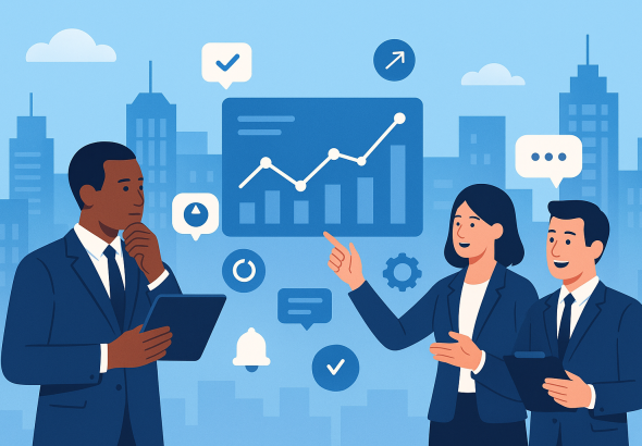 Illustration of executives analyzing business data in a high-tech urban landscapes setting, with a relaxed mood.