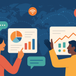 Illustration of smart displays showing analytics in a global connectivity maps setting, with a inspired mood.