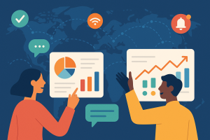 Illustration of smart displays showing analytics in a global connectivity maps setting, with a inspired mood.