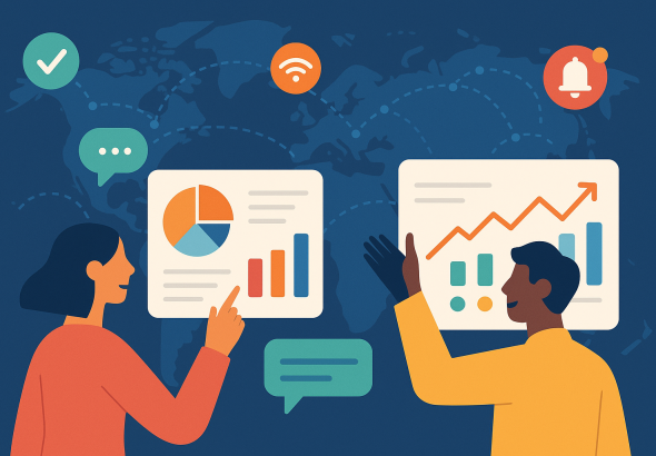 Illustration of smart displays showing analytics in a global connectivity maps setting, with a inspired mood.